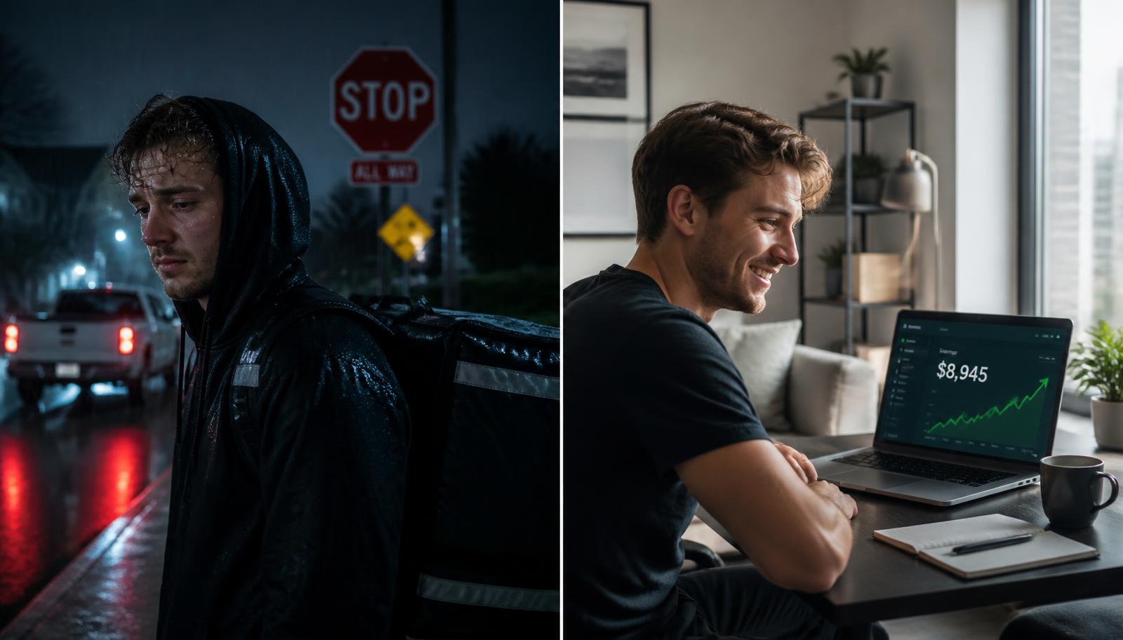 Split screen: an exhausted delivery rider at night beside the same person relaxed at a laptop with rising earnings