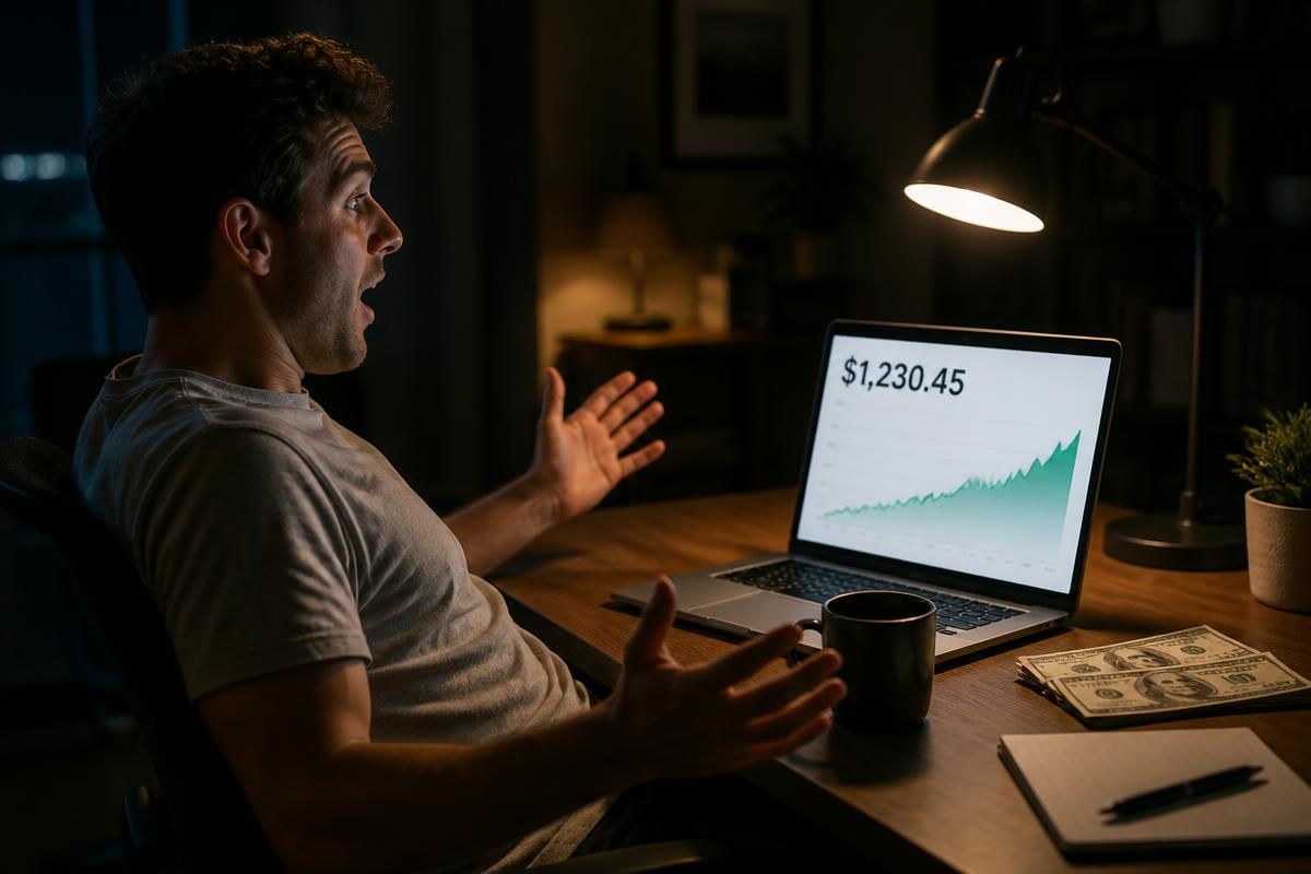 A person at a laptop at night seeing a locked earnings balance